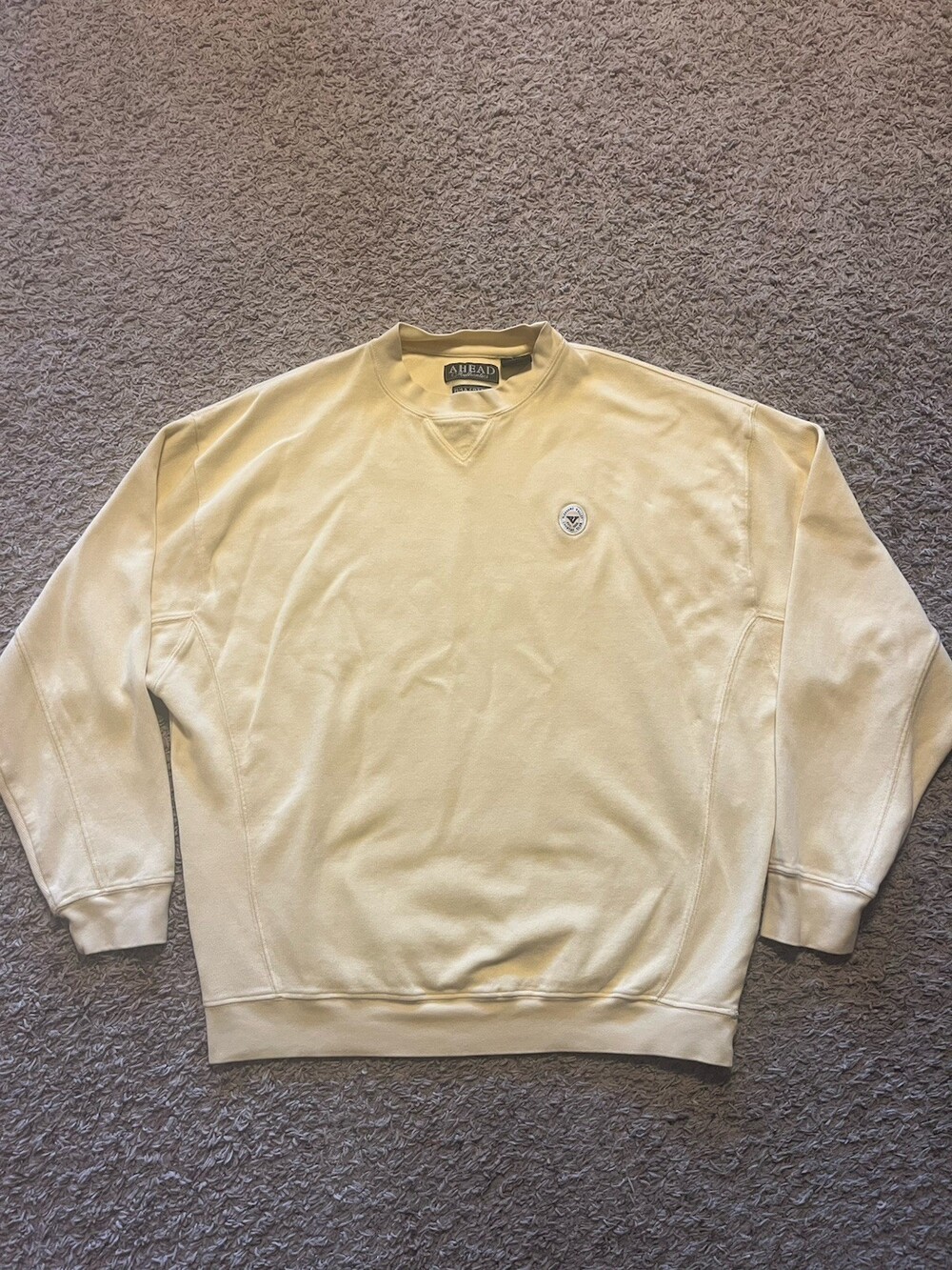 Vintage late 90’s AHEAD Men's L Cotton Knit Beige Crew Neck Pullover Sweatshirt